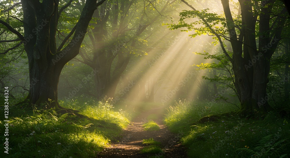 Obraz premium Sunlit Forest Path Magical Landscape Photography