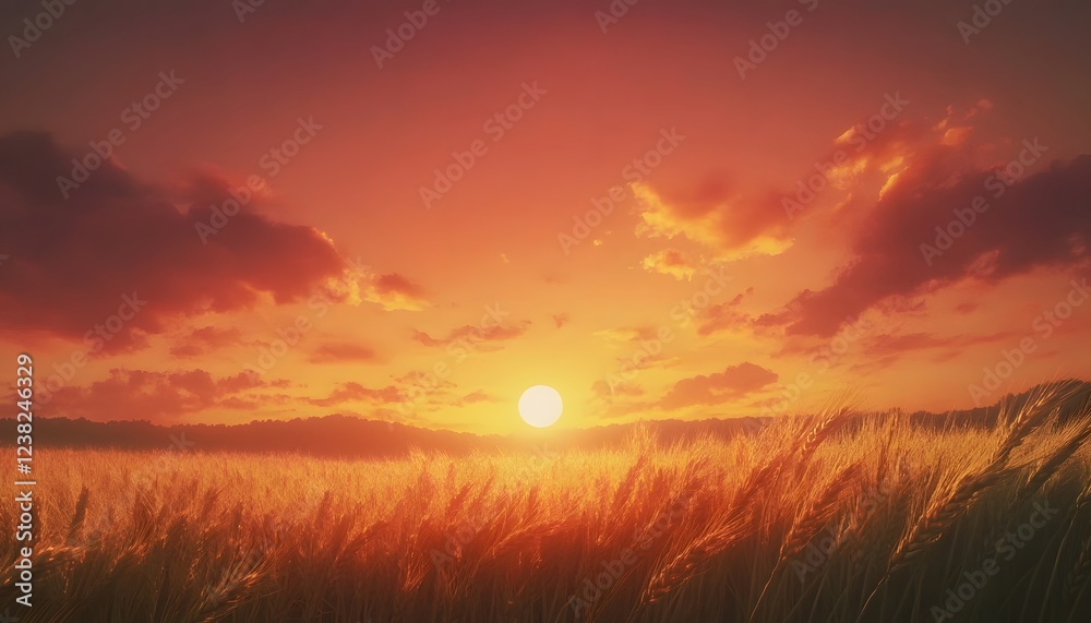 Obraz premium Golden Wheat Field Sunset Landscape Scene