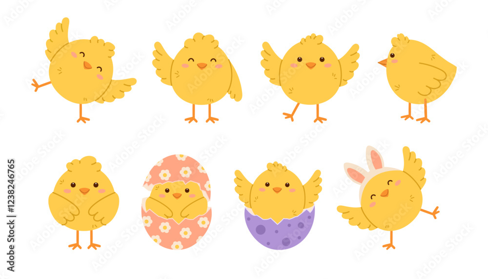 Cute chicken set. Childish chick print for nursery, poster and postcard. Flat isolated vector illustration