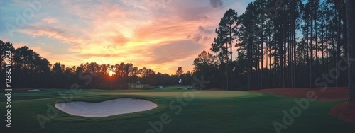 Golf teeing ground in golf course with sunrise background