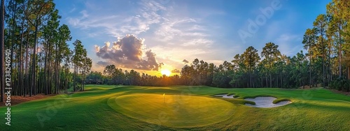 Golf teeing ground in golf course with sunrise background