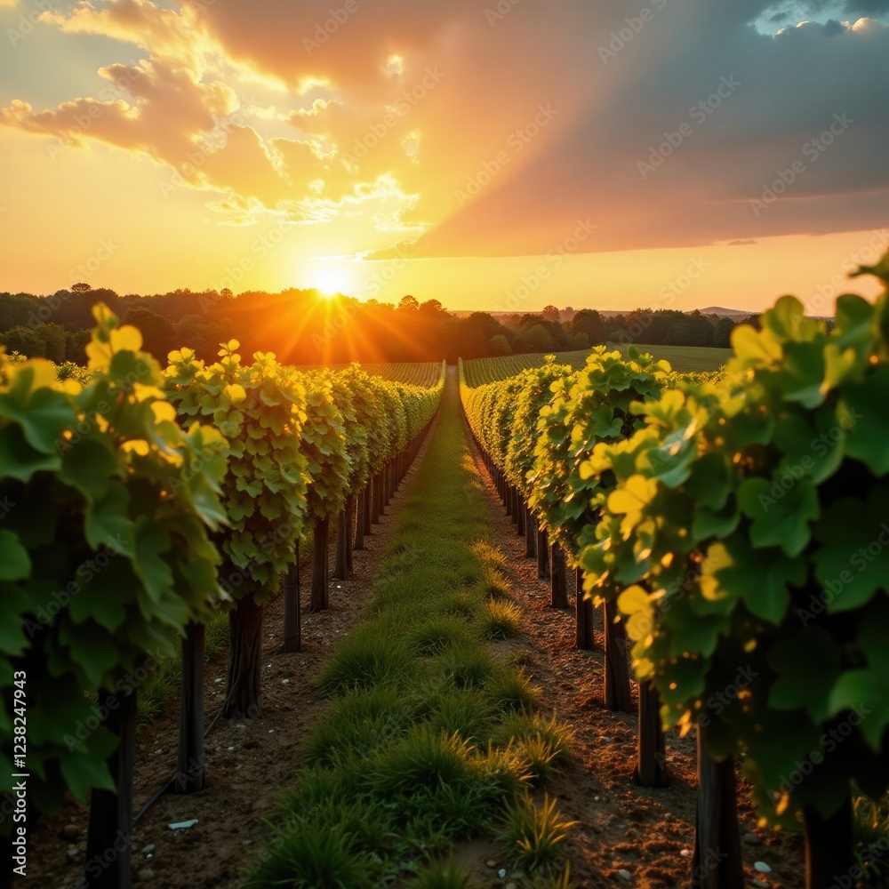 Naklejka premium A golden light falls on the vineyard rows at sunset, natural light, warm light, wine