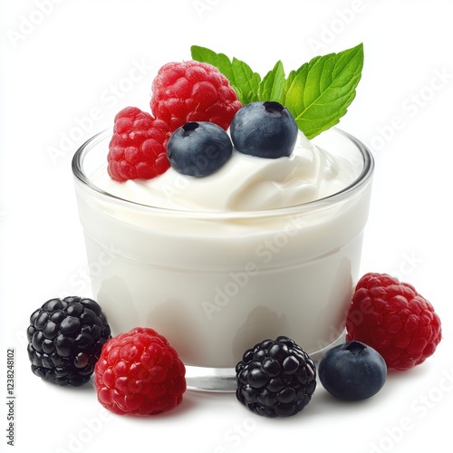 Creamy Yogurt Dessert Topped with Fresh Berries and Mint Leaves on a White Background