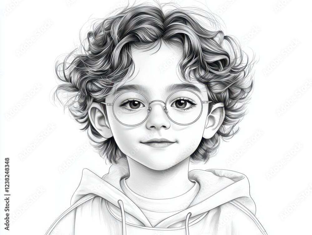 Whimsical pencil sketch, portrait of a young boy with glasses captivating glimpse into childhood Whimsical pencil sketch, portrait of a young boy with glasses captivating glimpse into childhood