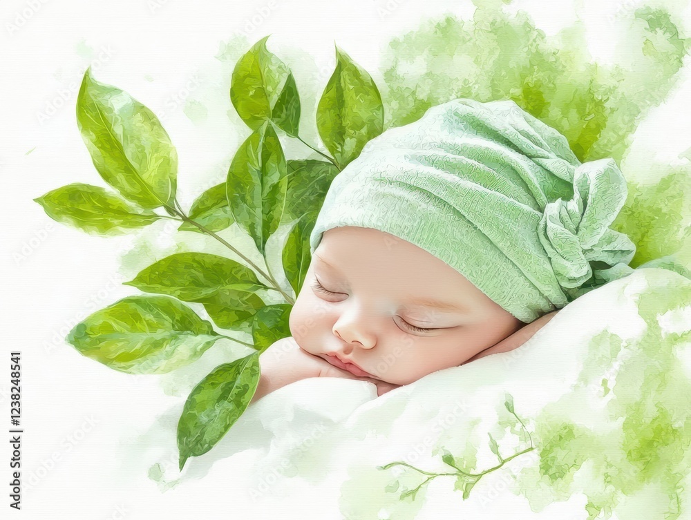 Peaceful slumber, baby asleep on blanket with green leaf a portrait of infant serenity and nature's gentle touch Peaceful slumber, baby asleep on blanket with green leaf a portrait of infant serenity and nature's gentle touch