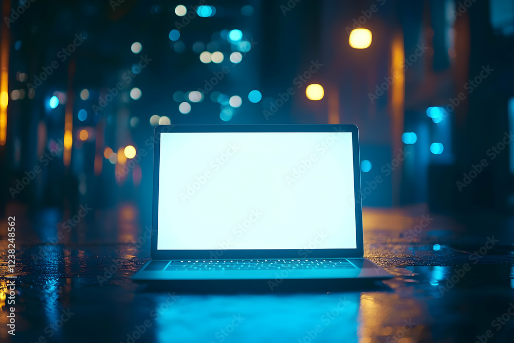 Laptop Screen Glows Brightly at Night in City Laptop Screen Glows Brightly at Night in City