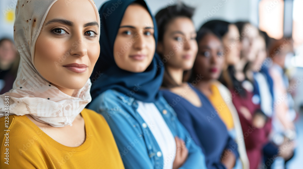 Diverse Business Women Line Up for Gender Equality, Hijab-Wearing Arabic Woman in Focus, Corporate Diversity Goals, Studio Portrait Diverse Business Women Line Up for Gender Equality, Hijab-Wearing Arabic Woman in Focus, Corporate Diversity Goals, Studio Portrait