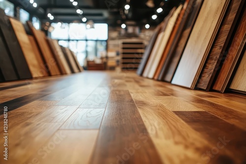 Variety of wood flooring samples stand in a showroom. Image showcases different wood types and colors for home renovation projects.