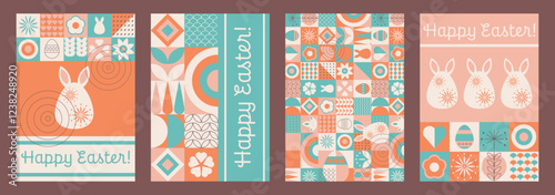 Easter geometric posters with holiday symbols, rabbit, eggs, plants. Christian holiday signs in abstract basic shapes. Vector flat illustrations and text greetings.