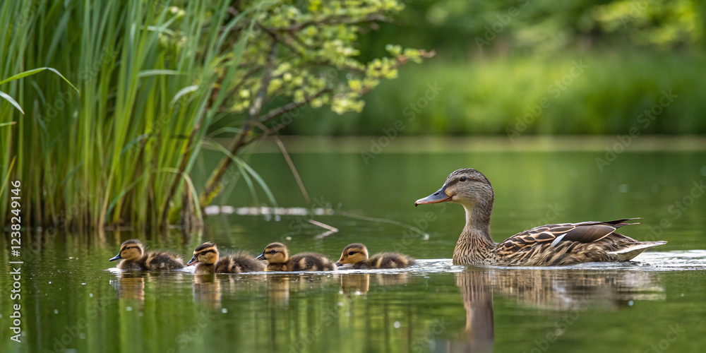 Female Mallard Duck with Her Ducklings Swimming in a Pond for Nature Photography