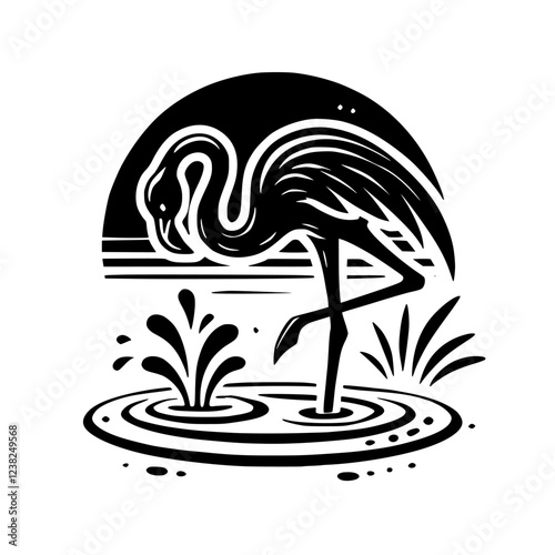 Flamingo Sunset: A Minimalist Bird Illustration.  Black and white graphic design of an elegant flamingo by the water at sunset. Perfect for nature lovers and art enthusiasts.