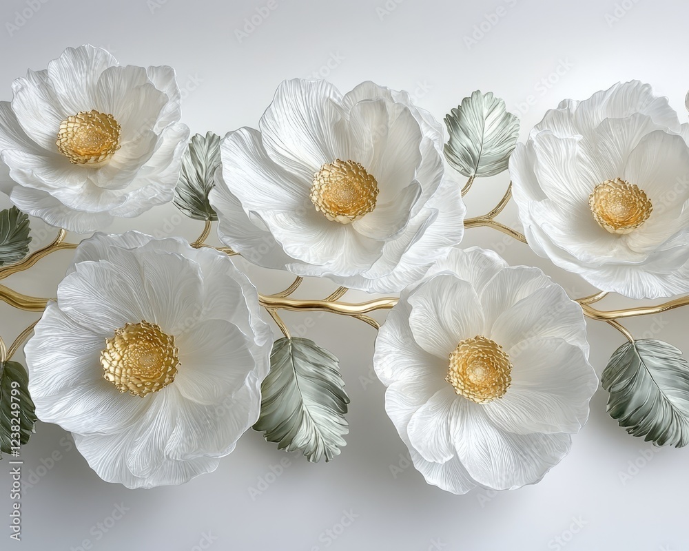 Obraz premium Delicate White Sculpted Blossoms on Gold Stem A Study in Floral Elegance and Artistry