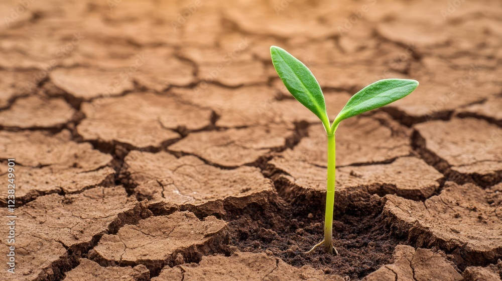 Climate change global warming idea. A green sprout emerging from dry, cracked soil, symbolizing hope and renewal. Climate change global warming idea. A green sprout emerging from dry, cracked soil, symbolizing hope and renewal.