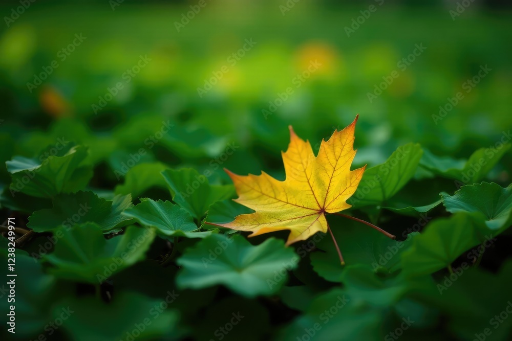 A single yellow leaf floats on a sea of green foliage, foliage, autumn A single yellow leaf floats on a sea of green foliage, foliage, autumn