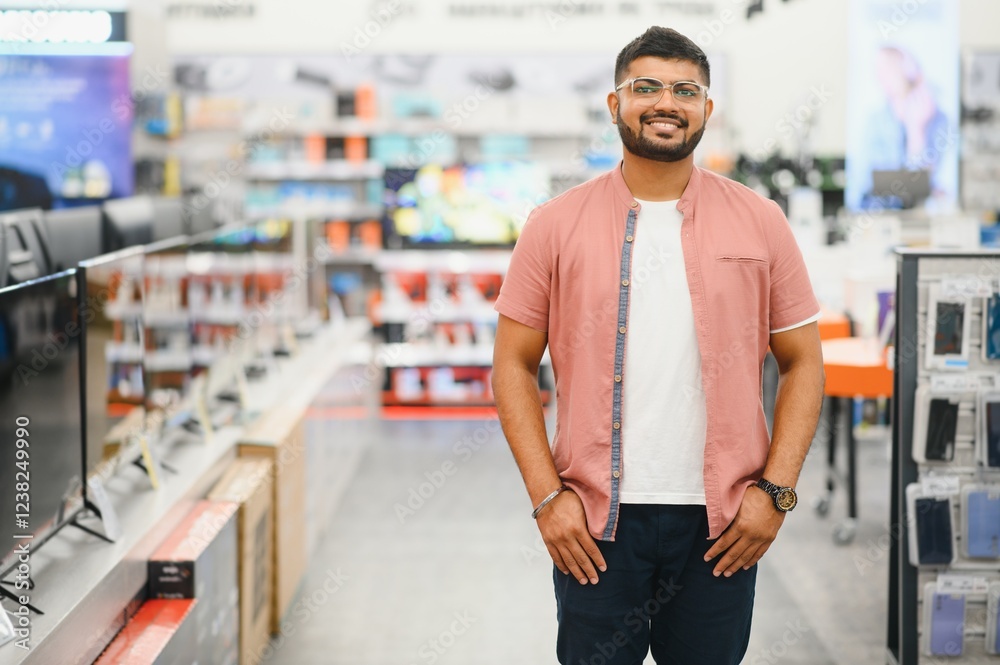 Indian man in an electronics store Indian man in an electronics store