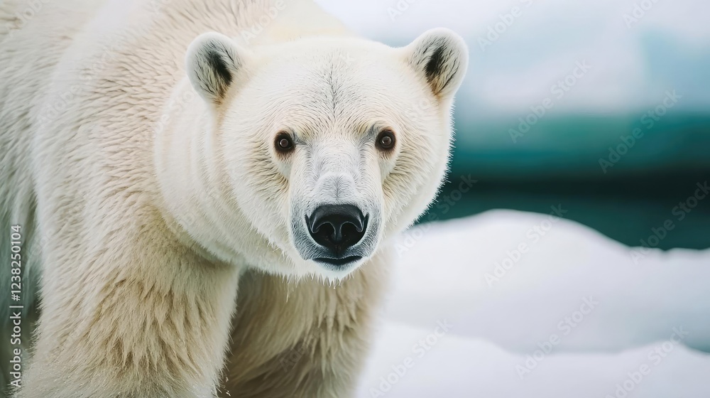 Climate change global warming idea. A close-up of a majestic polar bear standing on a snowy landscape evoking the Arctic wilderness. Climate change global warming idea. A close-up of a majestic polar bear standing on a snowy landscape evoking the Arctic wilderness.
