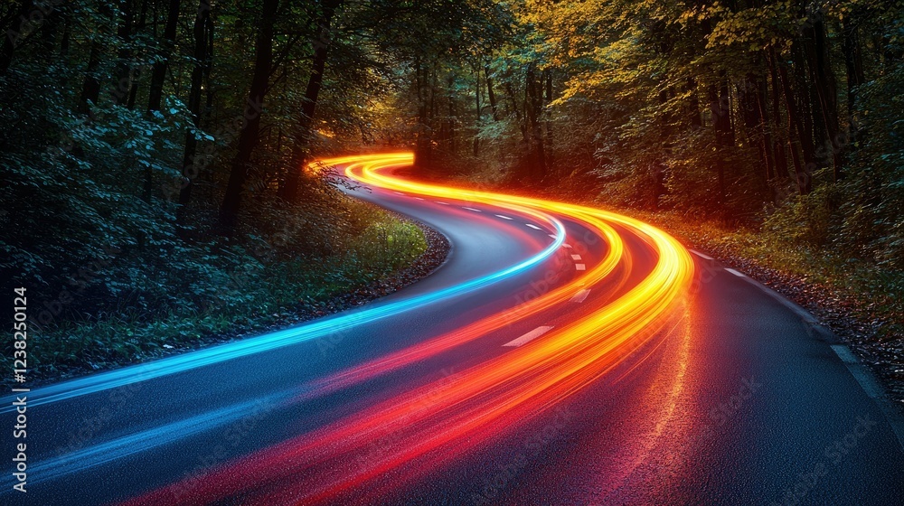 Obraz premium Night Road Through Forest With Light Trails