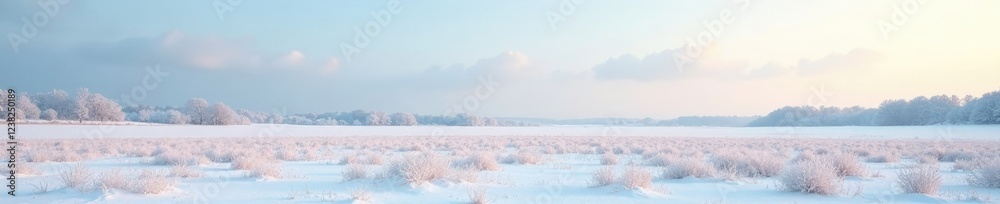 Obraz premium A snow-covered open field and meadow under a pale winter sky, sky, snowy, serene
