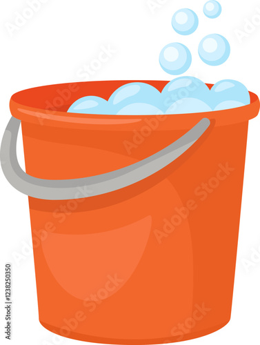 Orange bucket filled with soapy water, creating an abundance of bubbles that overflow against a clean white background, ideal for illustrating cleaning and housework tasks