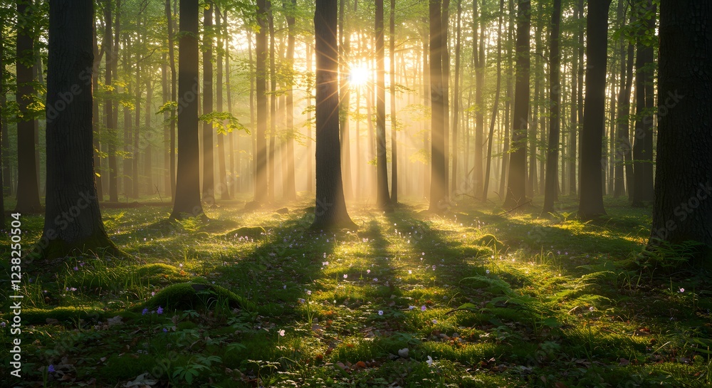 Obraz premium Sunlit Forest Scene Sunrise Rays Peaceful Nature Photography