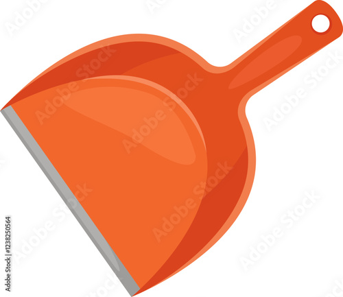 Orange plastic dustpan resting on a white background, featuring a metal edge for effective collection of dust and debris, making cleaning tasks easier and more efficient