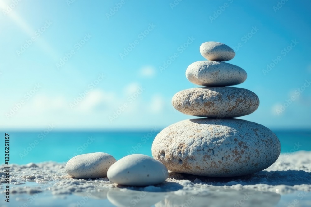 Balanced stones on a blue sky background with a single stone placed at the top of a large boulder, still life, calm, color palette Balanced stones on a blue sky background with a single stone placed at the top of a large boulder, still life, calm, color palette