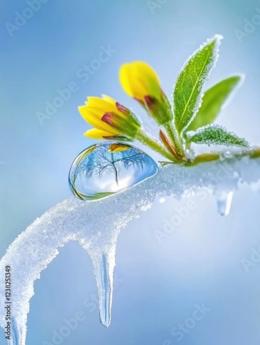 A budding spring branch covered in icicles and water droplets, representing the transition from winter to spring..