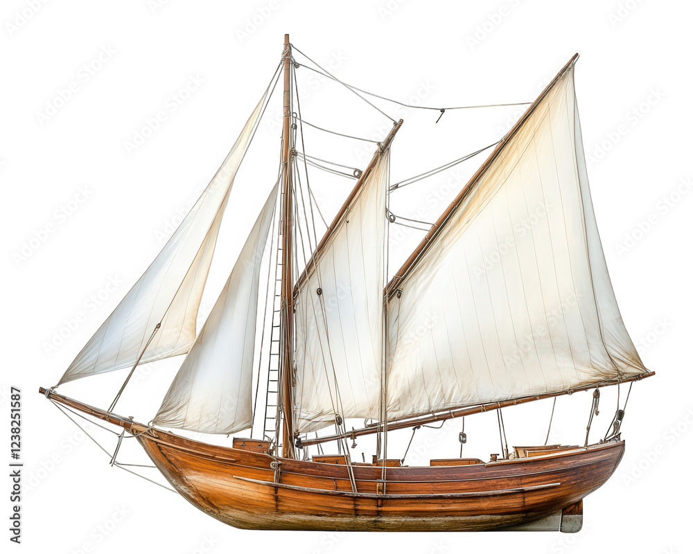 Obraz premium traditional wooden sailboat with billowing white sails, showcasing craftsmanship and maritime beauty. sails catch wind, creating sense of adventure and tranquility on water