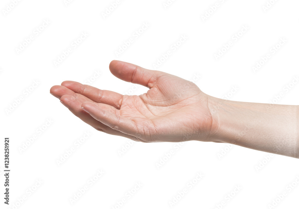 An open human hand with fingers gently curved, palm facing upward, isolated on a white background An open human hand with fingers gently curved, palm facing upward, isolated on a white background