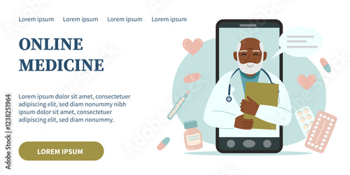 Medical concept banner. Online medical consultation with doctor on smartphone screen. Concept of online medicine, healthcare, clinic, video call and remote treatment. Vector hand drawn background.