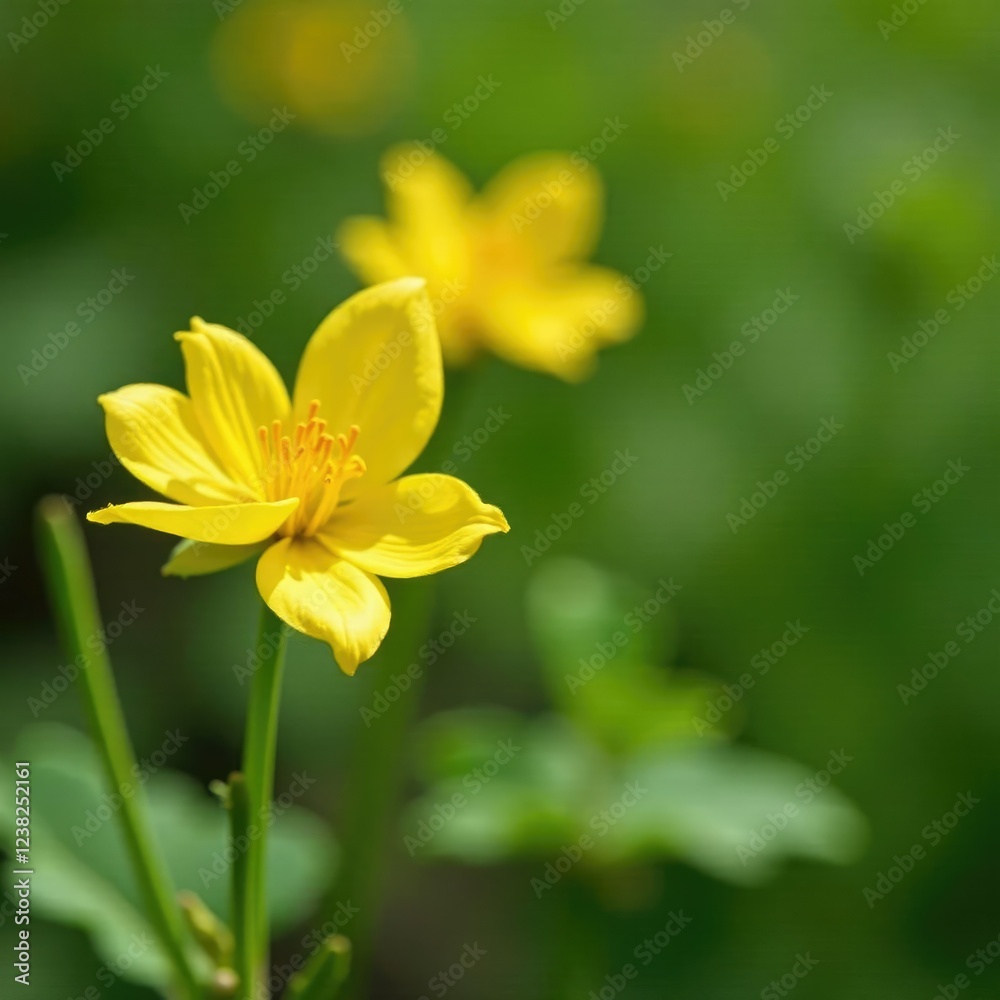 Fototapeta premium Bright yellow petals unfolding from a green stem, botanical garden, flowers