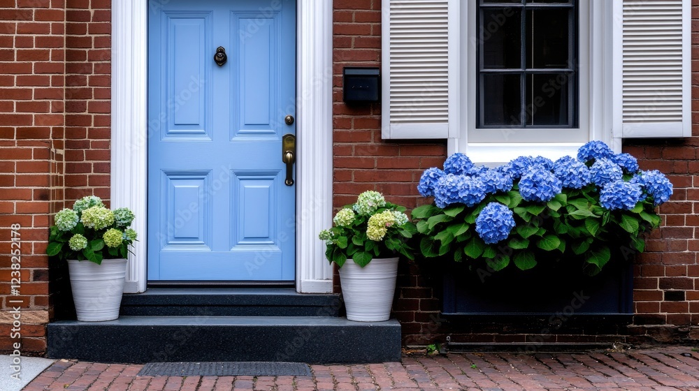 Fototapeta premium Old brick building features soothing light pastel green doors framed by blooming blue hydrangeas, inviting visitors into its rich history
