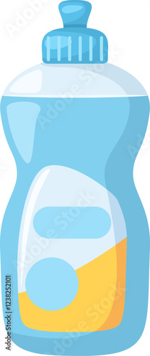 Blue plastic bottle with a light blue cap containing a yellow cleaning liquid and a blank label promotes hygiene and cleanliness in homes and businesses