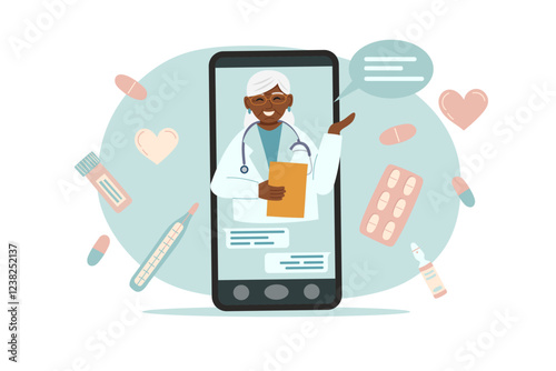 Online medical consultation with elderly doctor on smartphone screen. Concept of online medicine, healthcare, digital health services and remote treatment. Vector hand drawn illustration.