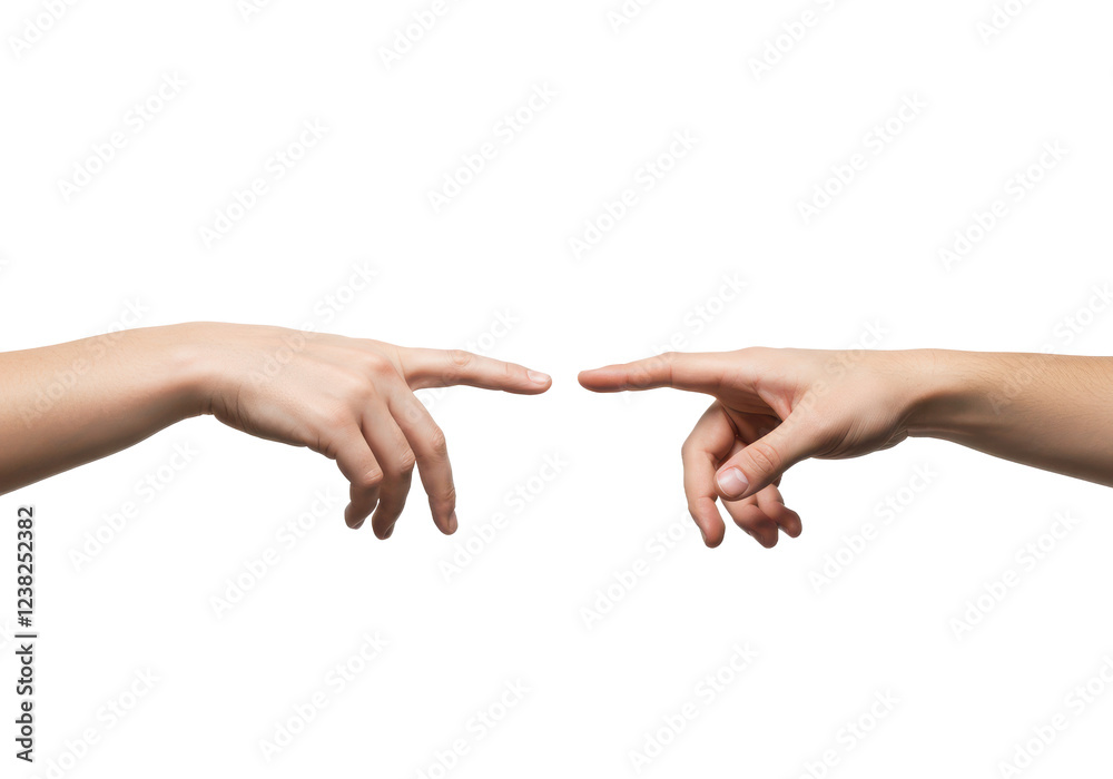 Two human hands reaching out to each other, with index fingers almost touching, isolated on a white background Two human hands reaching out to each other, with index fingers almost touching, isolated on a white background