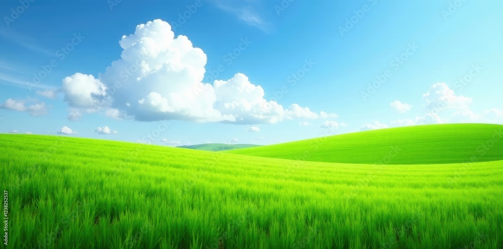 Fototapeta premium calm and quiet scene of green fields under open sky, fields, blue, green