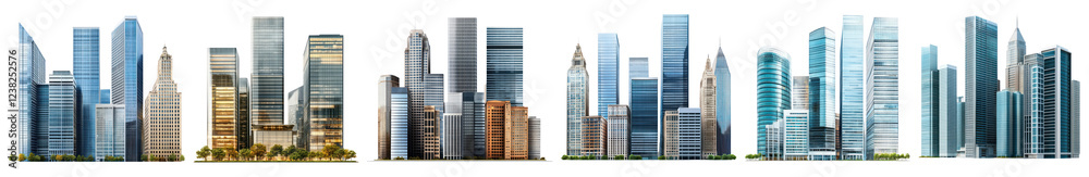 Fototapeta premium Modern urban skyline architecture, PNG element set on transparent background