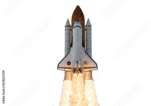 A space shuttle launching with fiery thrust from its engines, isolated on a white background