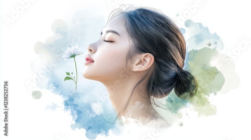 Woman with flower, a portrait of peaceful beauty and natural elegance in nature's embrace