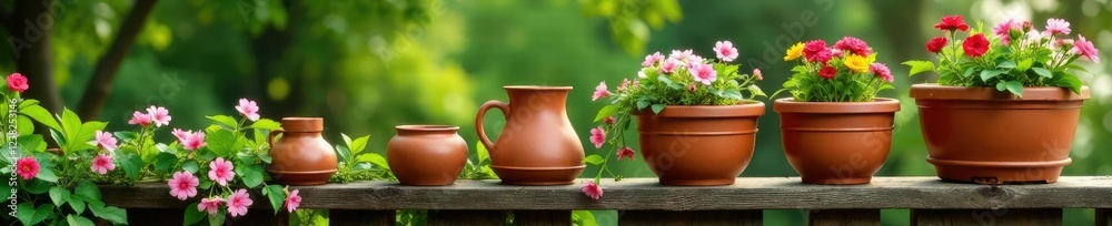 Clay pots draped over wooden railing with flowering vines, draped, wooden, romantic Clay pots draped over wooden railing with flowering vines, draped, wooden, romantic