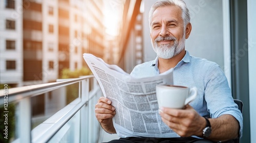 Happy senior man reads newspaper with coffee on balcony.