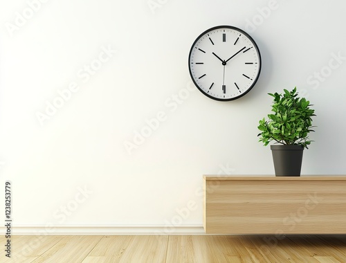 Modern interior, white wall with wooden floor and cabinet on the right side, plant pot near clock on the wall, mock-up with copy space for design
