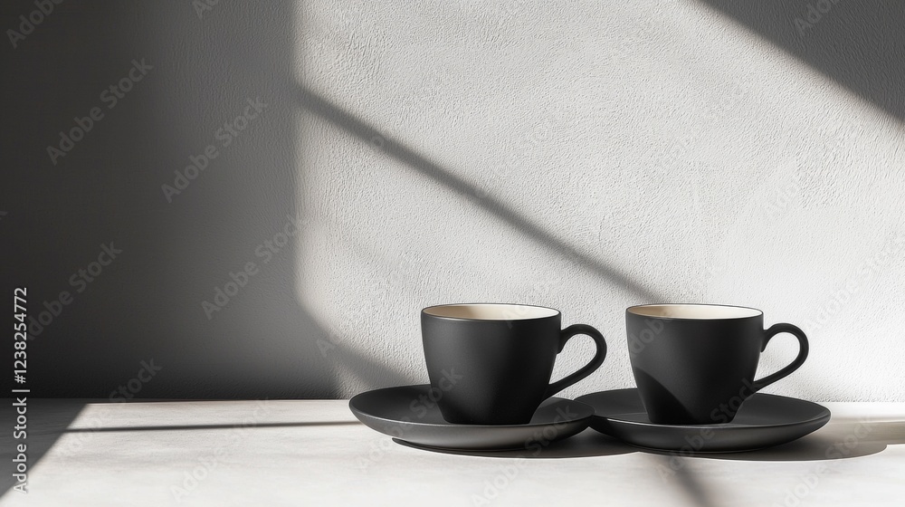 Minimalist black coffee cups on table with dramatic shadows Minimalist black coffee cups on table with dramatic shadows