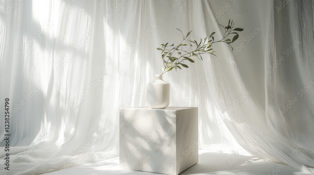 Elegant white vase with green branches in soft lighting Elegant white vase with green branches in soft lighting