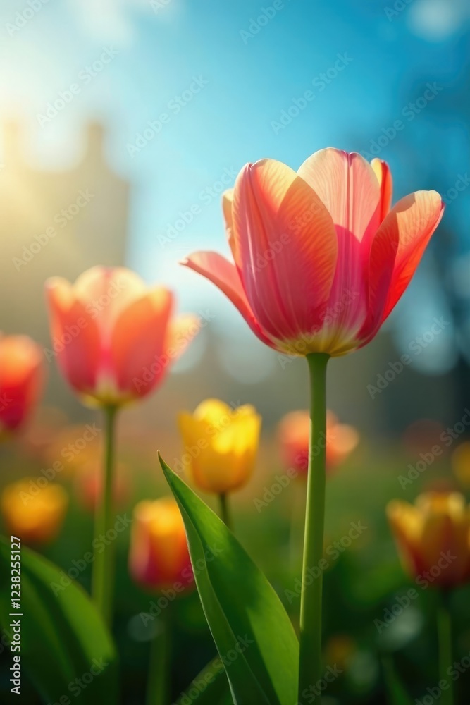 Obraz premium Colorful tulips swaying gently in the spring breeze, Tulip, Breeze