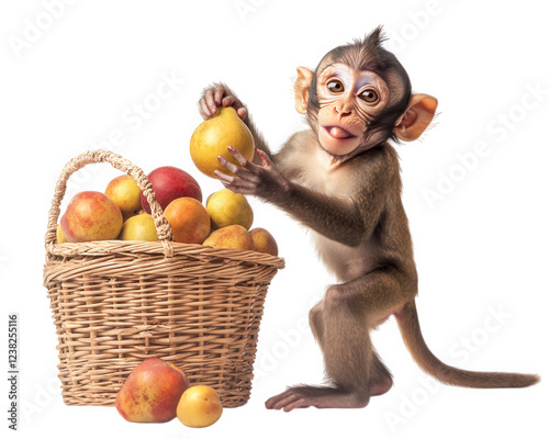 cheeky monkey playfully stealing fruit from basket, showcasing its mischievous nature and curiosity. scene captures delightful moment of animal behavior