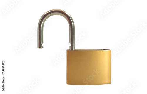 Photo of a heavy-duty 38mm iron brass padlock with an unlocked shackle, isolated on white background. Conceptual image.