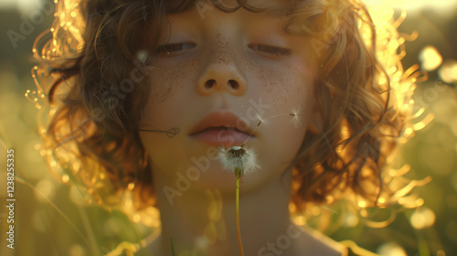 Niño soplando un diente de león en un campo al atardecer. photo