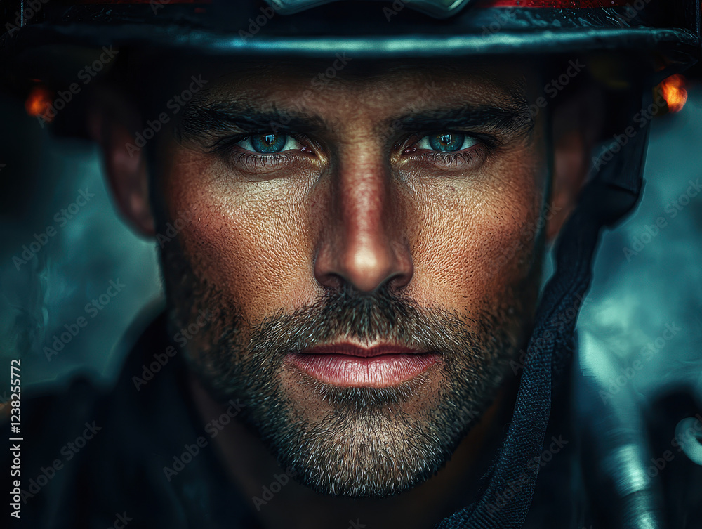 Portrait of a firefighter showcasing determination and courage amidst smoke Portrait of a firefighter showcasing determination and courage amidst smoke