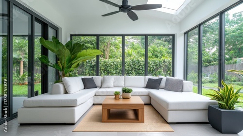 Modern Bright Living Room with White Sofa and Greenery in Natural Light Home Interior Design